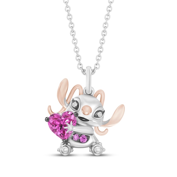 Disney Treasures Lilo & Stitch "Angel" Heart-Shaped Pink Lab-Created Sapphire & Diamond Accent Necklace Sterling Silver & 10K Rose Gold 19"