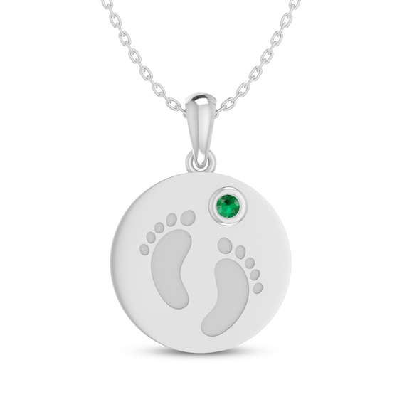Lab-Created Emerald Baby Feet Disc Necklace Sterling Silver 18"