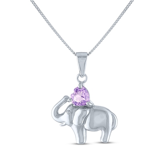 Heart-Shaped Natural Amethyst Solitaire Elephant Necklace Sterling Silver 18"