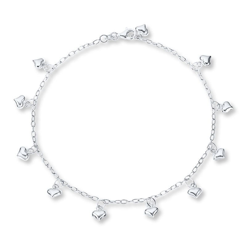 Puffed Heart Anklet Sterling Silver 10"