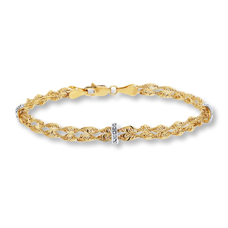 Hollow Rope Chain Bracelet Round Diamonds 10K Two-Tone Gold 7.5"