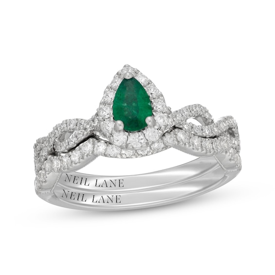 Neil Lane Pear-Shaped Natural Emerald & Diamond Halo Twist Bridal Set 5/8 ct tw 14K White Gold