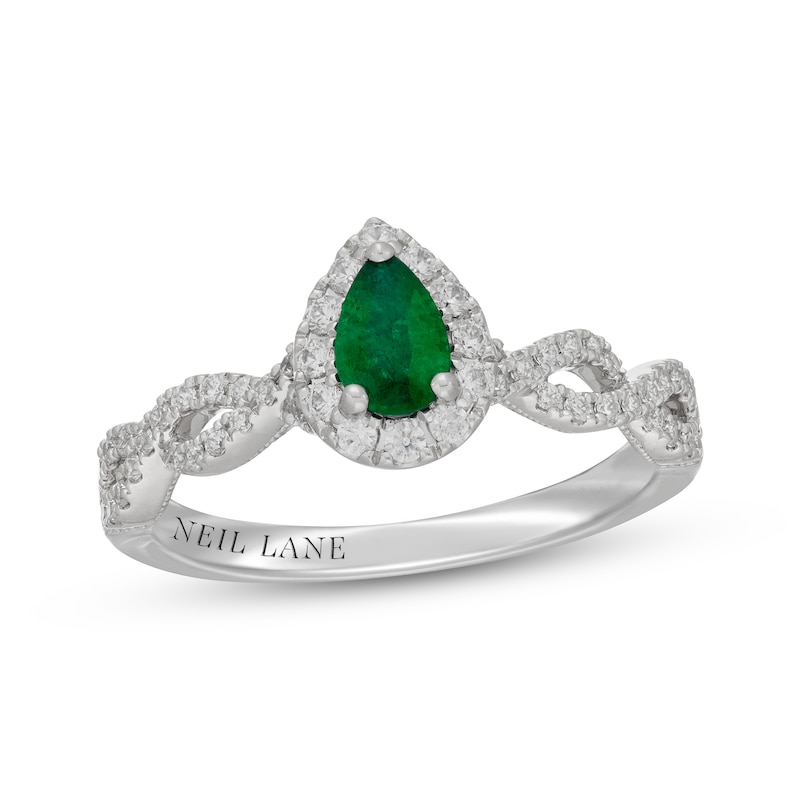 Main Image 4 of Neil Lane Pear-Shaped Natural Emerald & Diamond Halo Engagement Ring 3/8 ct tw 14K White Gold