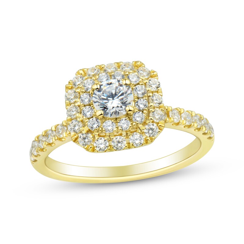 Round-Cut Diamond Double Halo Engagement Ring 1 ct tw 18K Yellow Gold ...