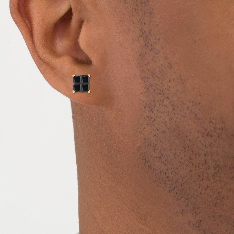 Main Image 3 of Men's Square-Cut Black Diamond Quad Stud Earrings 1 ct tw 10K Yellow Gold