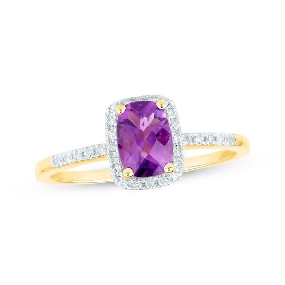 Cushion-Cut Amethyst & Diamond Halo Ring 1/10 ct tw 14K Yellow Gold