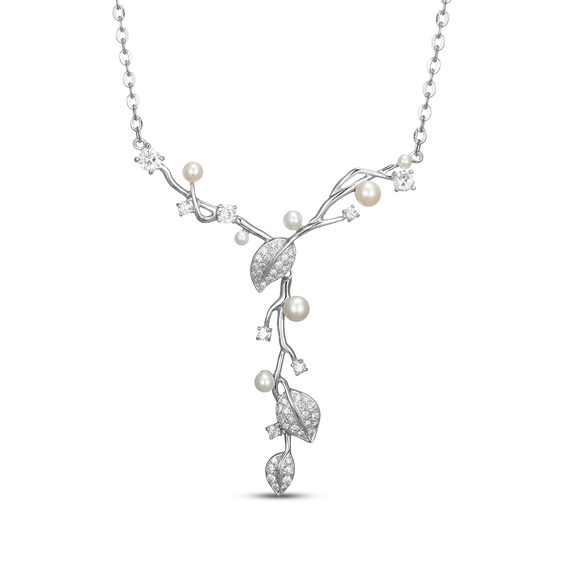 Cultured Pearl & White Lab-Created Sapphire Vine Y-Drop Necklace Sterling Silver 18"