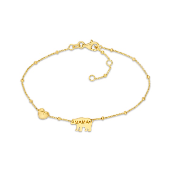Mama Bear & Heart Charm Bracelet 14K Yellow Gold 7.25"