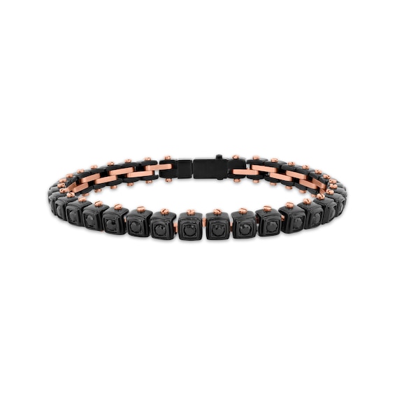 Men's Black Spinel Link Bracelet Black & Rose Stainless Steel 8.5"
