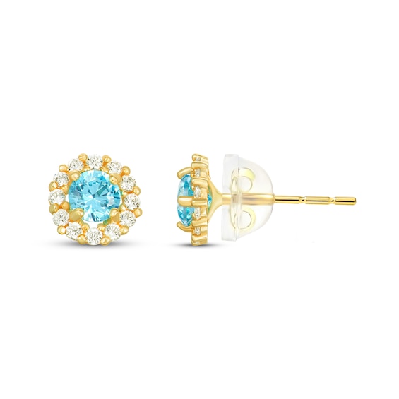 Children's Bright Blue & White Cubic Zirconia Halo Stud Earrings 14K Yellow Gold