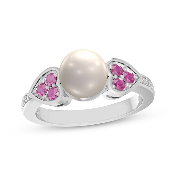 Cultured Pearl, Pink Lab-Created Sapphire & Diamond Ring 1/20 ct tw Sterling Silver