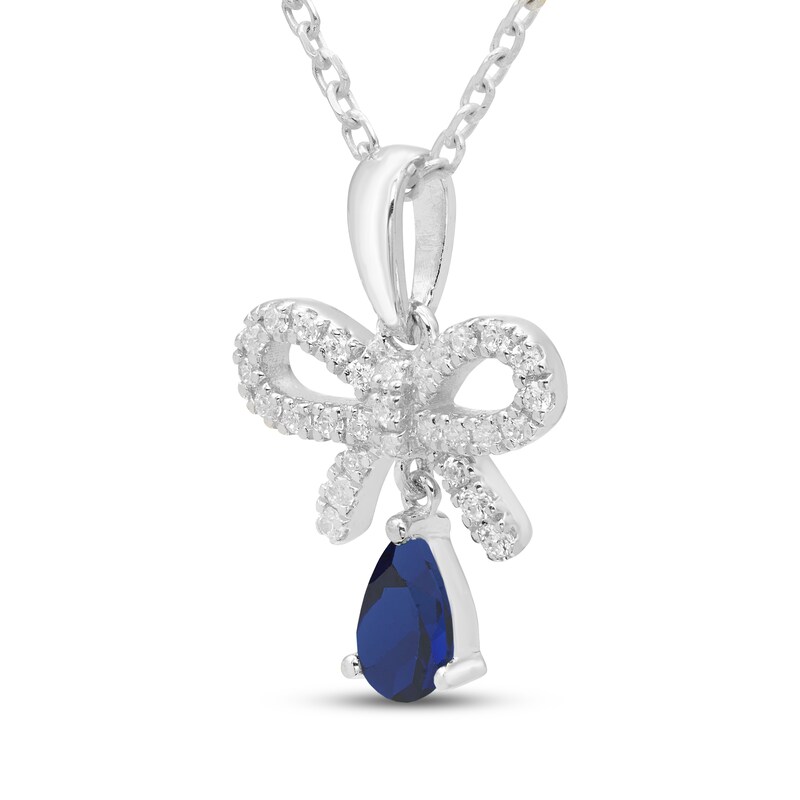Main Image 2 of Pear-Shaped Blue Lab-Created Sapphire & White Lab-Created Sapphire Bow Drop Necklace Sterling Silver 18"