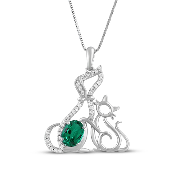 Oval-Cut Lab-Created Emerald & White Lab-Created Sapphire Cat & Dog Necklace Sterling Silver 18"
