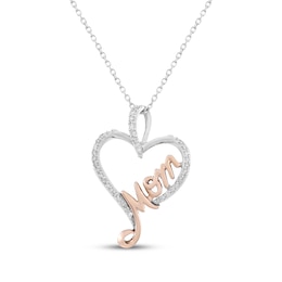 Diamond "Mom" Heart Necklace 1/5 ct tw Sterling Silver & 10K Rose Gold 18"