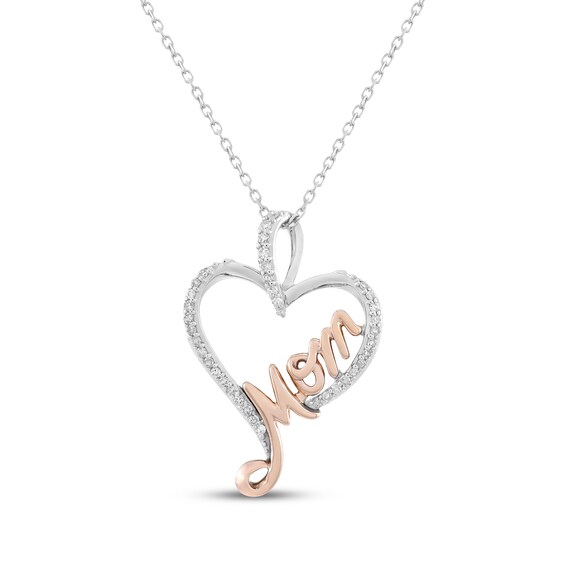 Diamond "Mom" Heart Necklace 1/5 ct tw Sterling Silver & 10K Rose Gold 18"