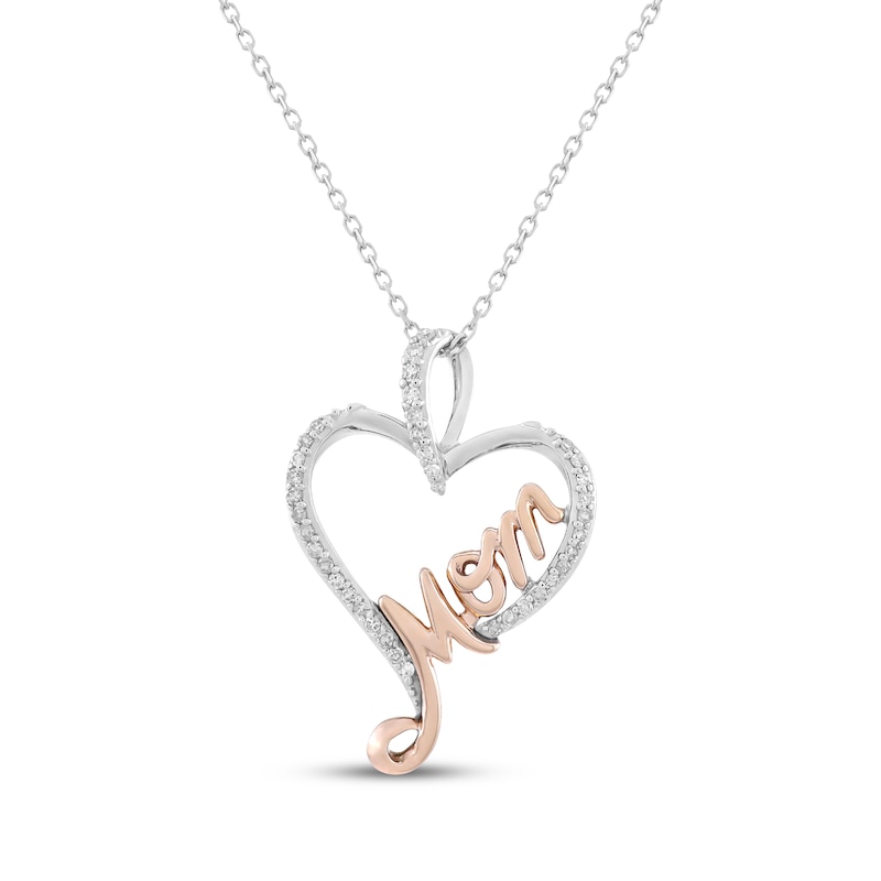 Main Image 1 of Diamond "Mom" Heart Necklace 1/5 ct tw Sterling Silver & 10K Rose Gold 18"