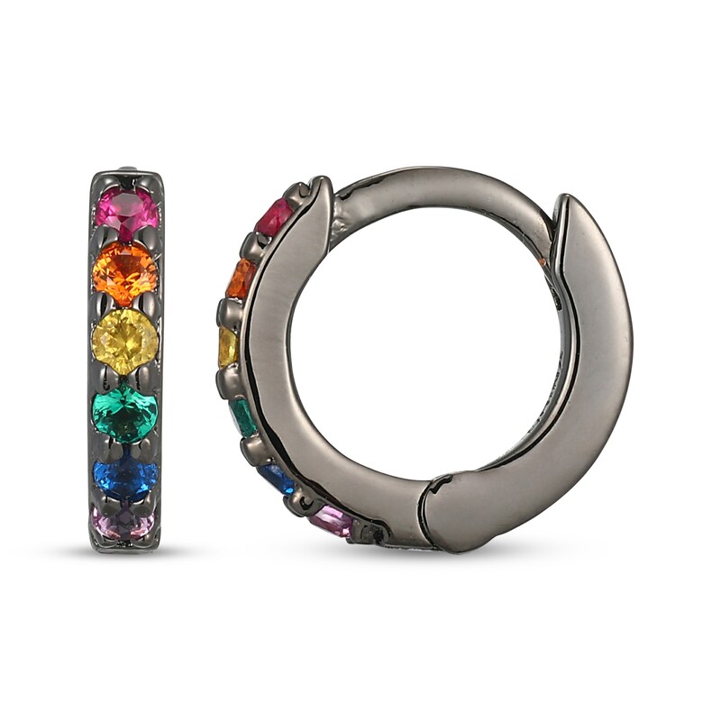 Main Image 3 of Men's Multicolor Lab-Created Gemstone Huggie Hoop Earrings Matte Gunmetal-Plated Sterling Silver