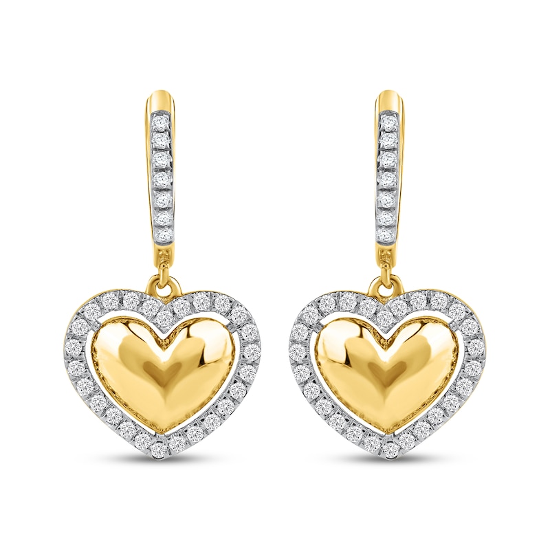 Main Image 2 of Lab-Grown Diamond Heart Halo Dangle Hoop Earrings 1/3 ct tw 24K Yellow Gold Vermeil Sterling Silver