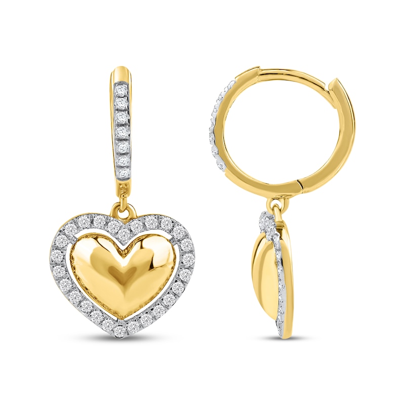 Main Image 3 of Lab-Grown Diamond Heart Halo Dangle Hoop Earrings 1/3 ct tw 24K Yellow Gold Vermeil Sterling Silver