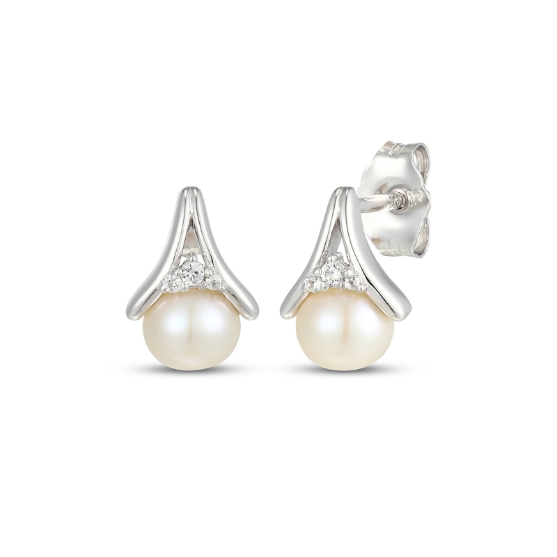 Main Image 1 of Cultured Pearl & White Lab-Created Sapphire Drop Earrings Sterling Silver