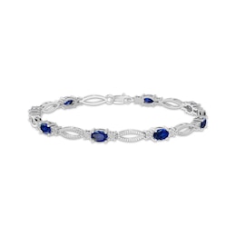 Oval-Cut Blue Lab-Created Sapphire & Diamond Accent Marquise Link Bracelet Sterling Silver 7.25"