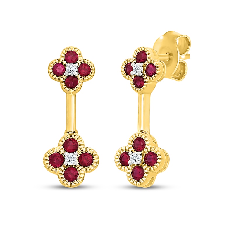 Main Image 1 of Lab-Created Ruby & White Lab-Created Sapphire Drop Earrings 10K Yellow Gold
