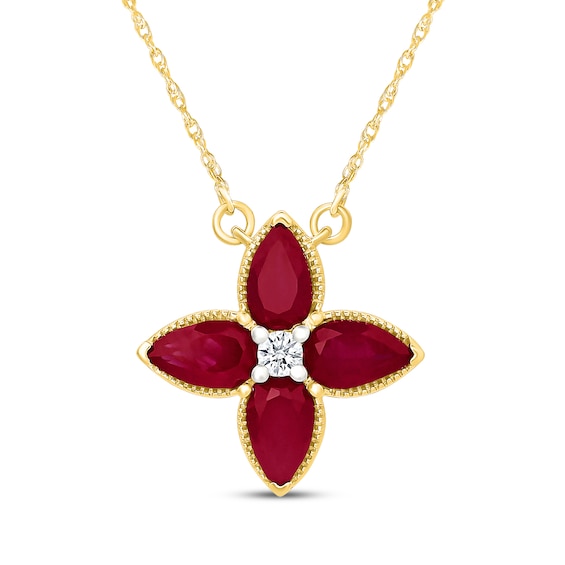 Pear-Shaped Lab-Created Ruby & White Lab-Created Sapphire Flower Necklace 10K Yellow Gold 18"