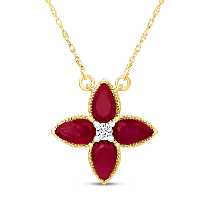 Main Image 1 of Pear-Shaped Lab-Created Ruby & White Lab-Created Sapphire Flower Necklace 10K Yellow Gold 18"