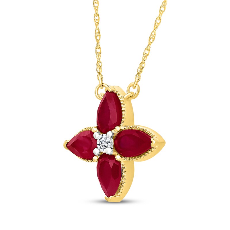 Main Image 2 of Pear-Shaped Lab-Created Ruby & White Lab-Created Sapphire Flower Necklace 10K Yellow Gold 18"