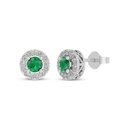 Lab-Created Emerald & White Lab-Created Sapphire Halo Stud Earrings Sterling Silver