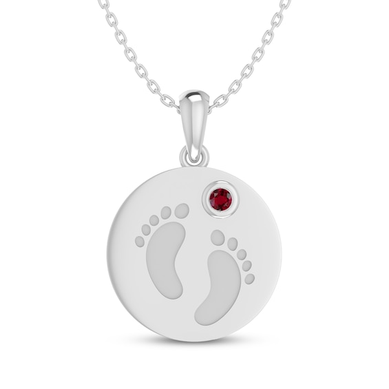 Lab-Created Ruby Baby Feet Disc Necklace Sterling Silver 18"
