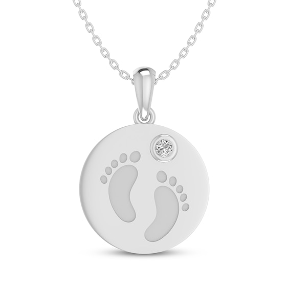 White Lab-Created Sapphire Baby Feet Disc Necklace Sterling Silver 18"