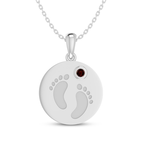 Garnet Baby Feet Disc Necklace Sterling Silver 18"