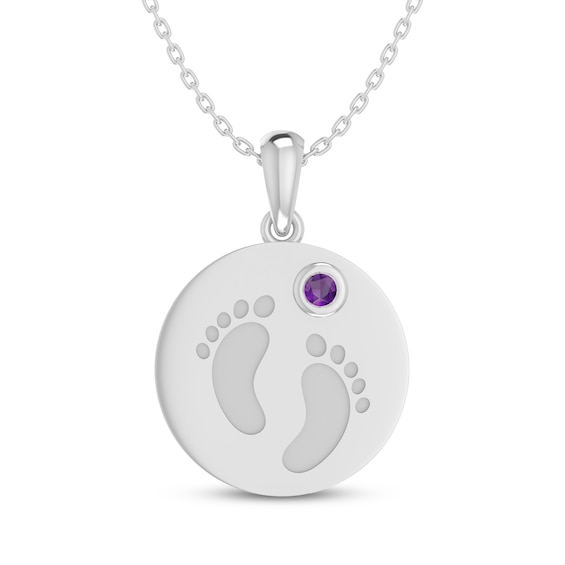 Amethyst Baby Feet Disc Necklace Sterling Silver 18"