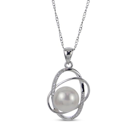 Cultured Pearl & Natural White Topaz Orbit Necklace Sterling Silver 18"