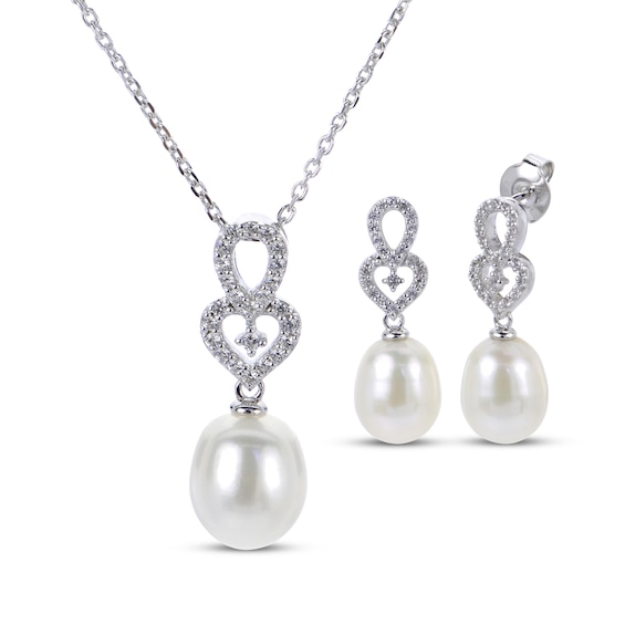 Oval Cultured Pearl & White Lab-Created Sapphire Necklace and Drop Earrings Gift Set Sterling Silver