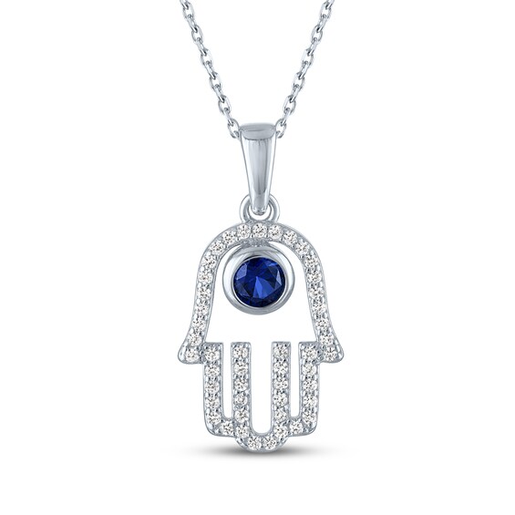 Blue & White Lab-Created Sapphire Hamsa Necklace Sterling Silver 18"