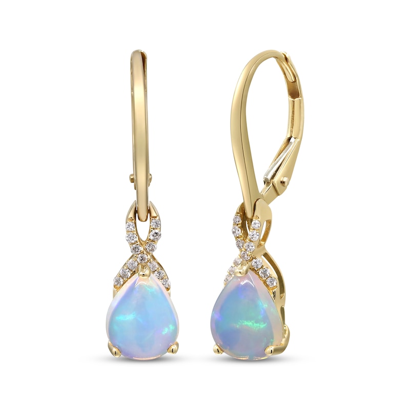 Main Image 1 of Pear-Shaped Opal & Diamond Dangle Earrings 1/15 ct tw 10K Yellow Gold