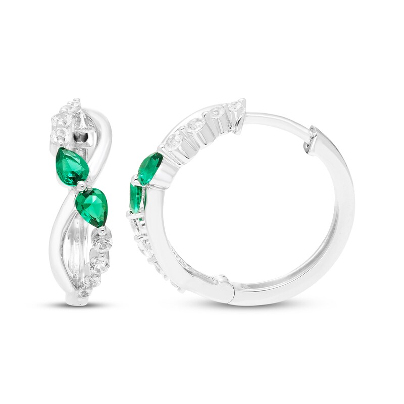 Main Image 1 of Pear-Shaped Lab-Created Emerald & White Lab-Created Sapphire Twist Hoop Earrings 10K White Gold