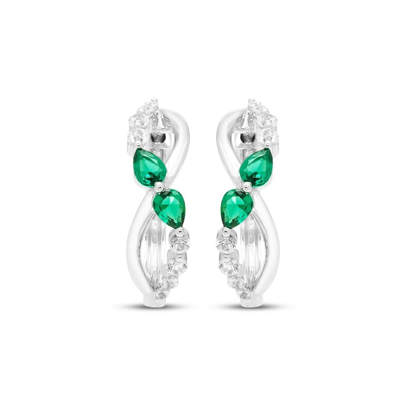 Main Image 2 of Pear-Shaped Lab-Created Emerald & White Lab-Created Sapphire Twist Hoop Earrings 10K White Gold