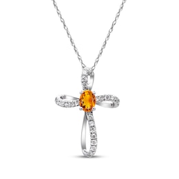 Oval-Cut Citrine & Diamond Loop Cross Necklace 1/10 ct tw 10K White Gold 18"