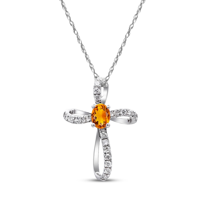 Main Image 1 of Oval-Cut Citrine & Diamond Loop Cross Necklace 1/10 ct tw 10K White Gold 18"