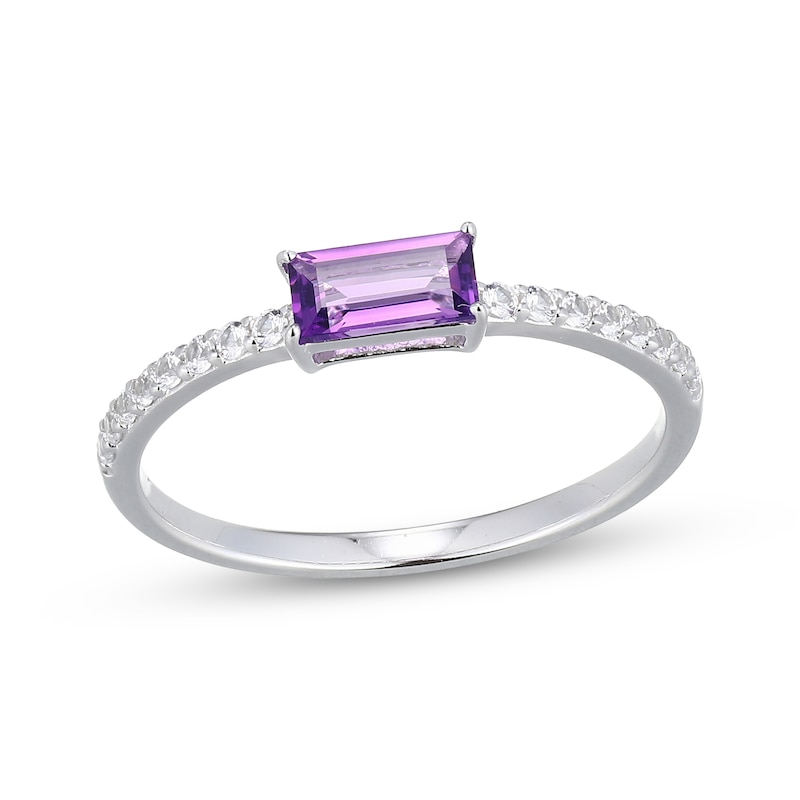 Main Image 1 of Baguette-Cut Amethyst & White Lab-Created Sapphire Ring Sterling Silver
