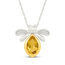 Pear-Shaped Citrine & Diamond Accent Bee Necklace Sterling Silver and 10K Yellow Gold 18"