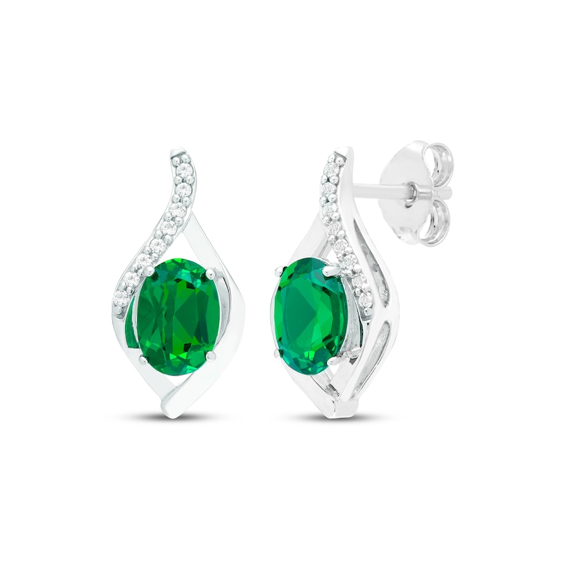 Main Image 1 of Oval-Cut Lab-Created Emerald & White Lab-Created Sapphire Drop Earrings Sterling Silver
