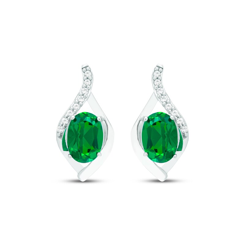 Main Image 2 of Oval-Cut Lab-Created Emerald & White Lab-Created Sapphire Drop Earrings Sterling Silver