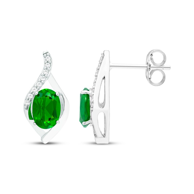 Main Image 3 of Oval-Cut Lab-Created Emerald & White Lab-Created Sapphire Drop Earrings Sterling Silver