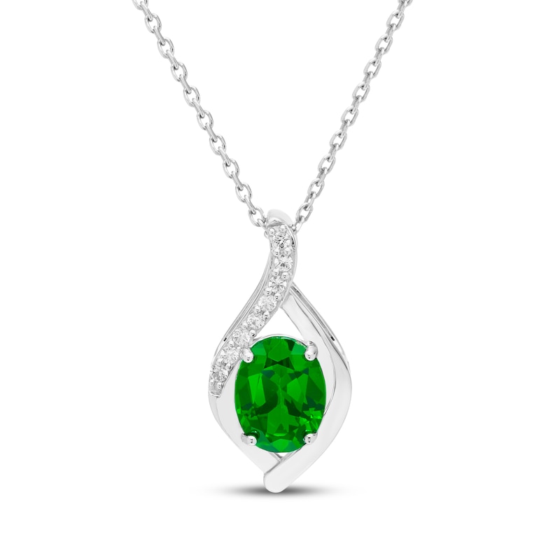 Main Image 1 of Oval-Cut Lab-Created Emerald & White Lab-Created Sapphire Necklace Sterling Silver 18"