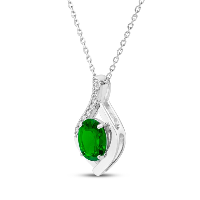 Main Image 2 of Oval-Cut Lab-Created Emerald & White Lab-Created Sapphire Necklace Sterling Silver 18"