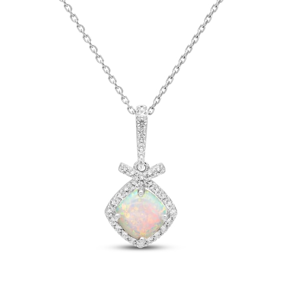 Cushion-Cut Lab-Created Opal & White Lab-Created Sapphire Necklace Sterling Silver 18"